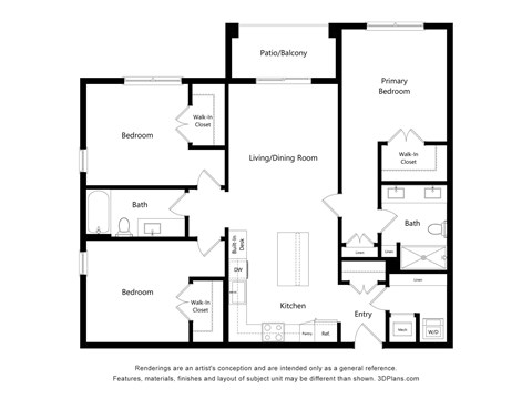A black and white floor plan of a house with a living room, dining room, kitchen, and three bedrooms.